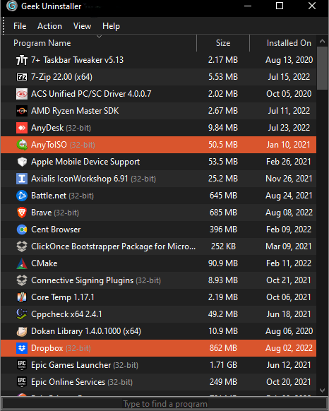 Geek Uninstaller dark mode and search